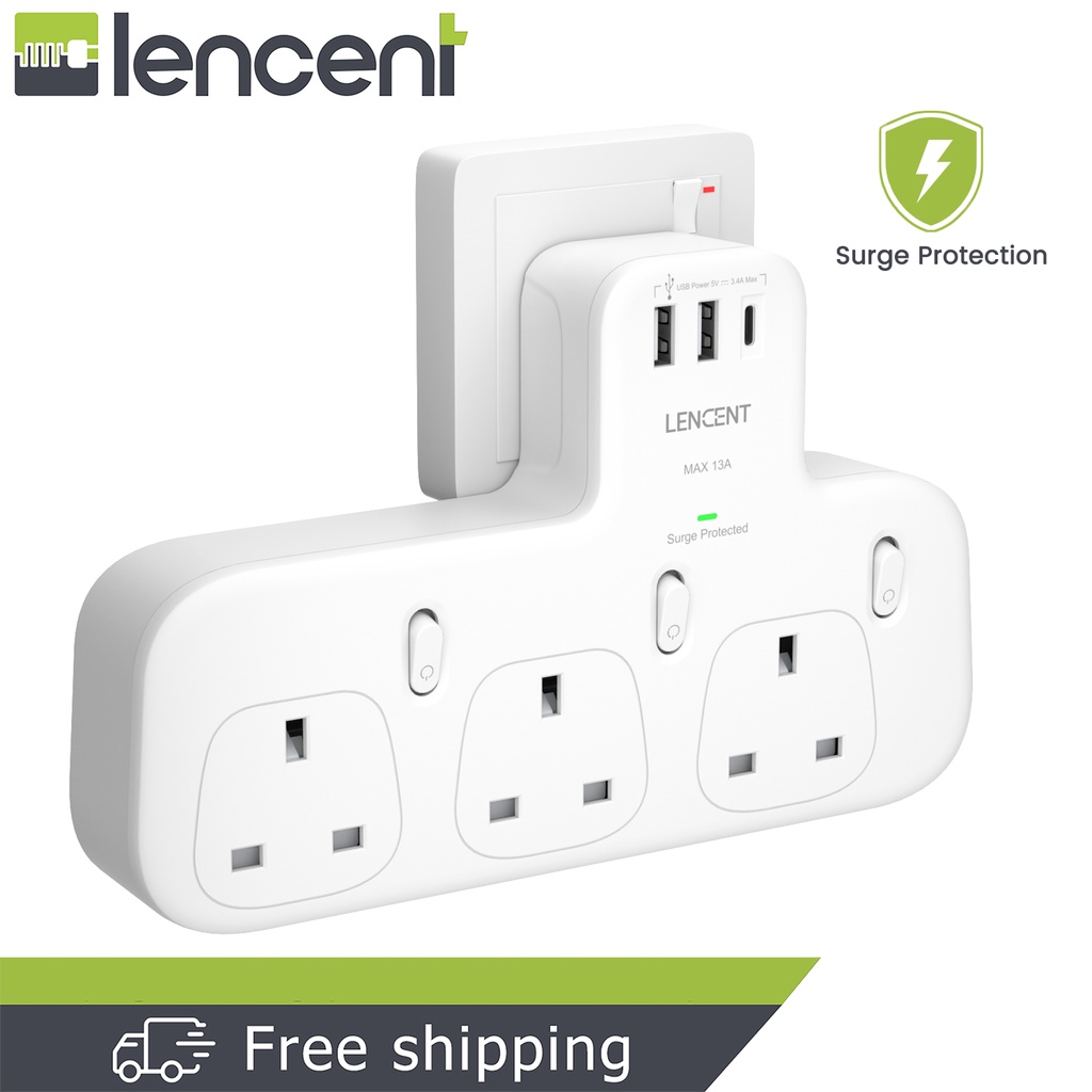LENCENT 6 in 1 Surge Protector Extension Plug with 1 USB C and 2 USB