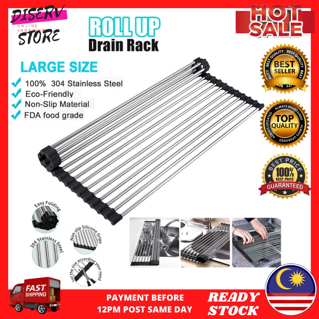 Dish Drying Rack Stainless Steel Drain Roll Up Kitchen Sink Dish Drying