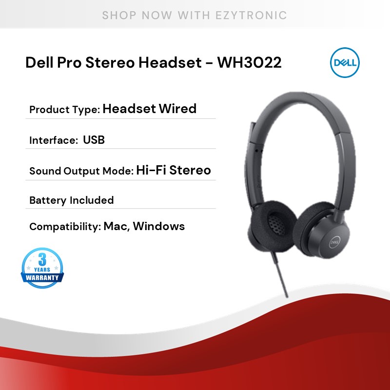 Dell Pro Stereo Headset WH3022 Noise cancellation USBA On ear HiFi