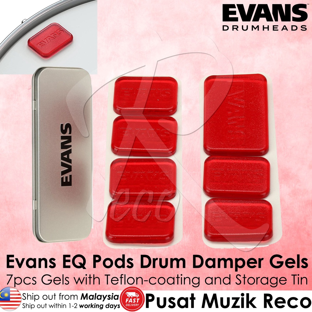 Evans EQ Pods Drum Damper Gels w/ Storage Tin 7pcs TeflonCoated Top Side Drum Dampening Gel