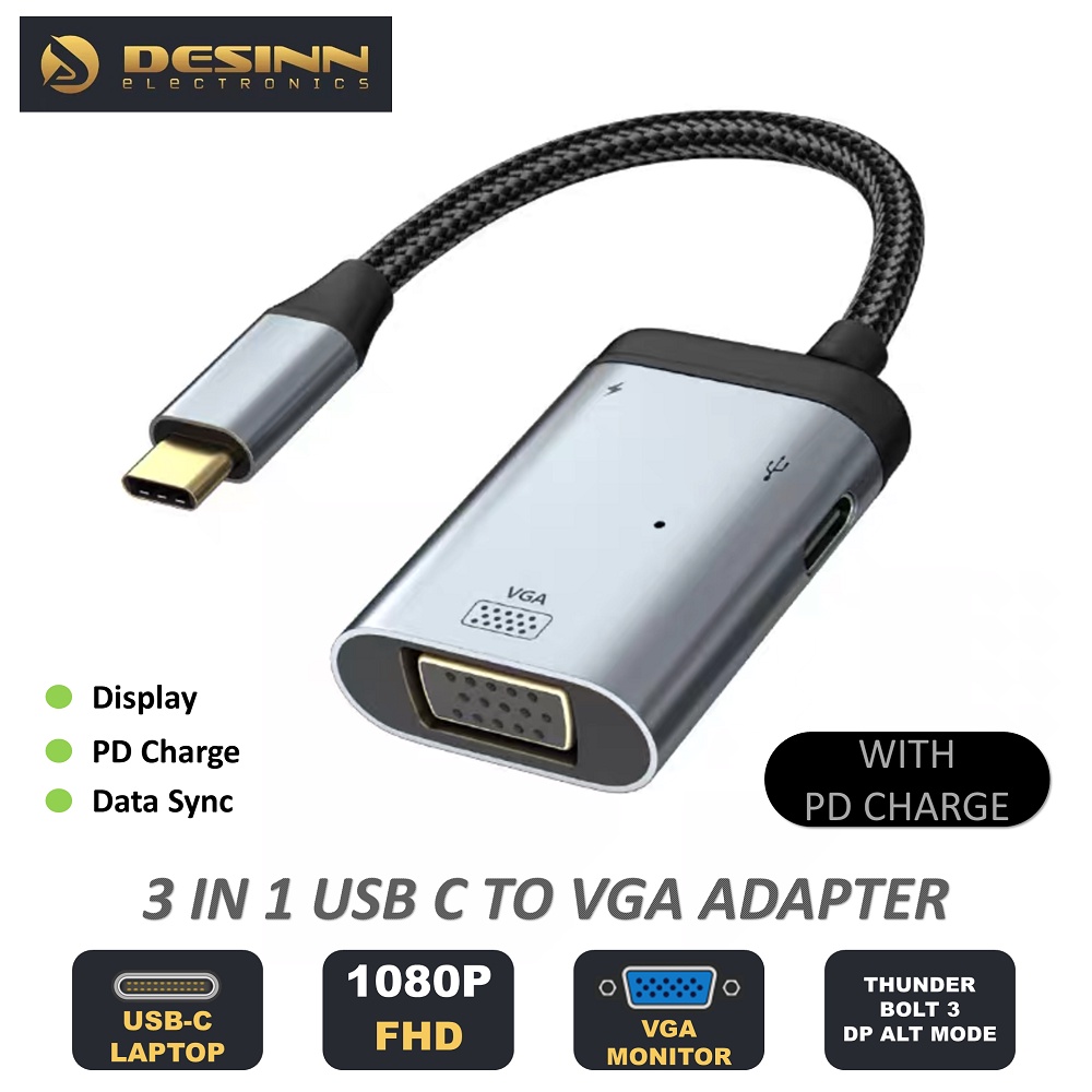 3 in 1 USBC Type C to VGA Monitor 1080P Thunderbolt 3 Adapter 4K with