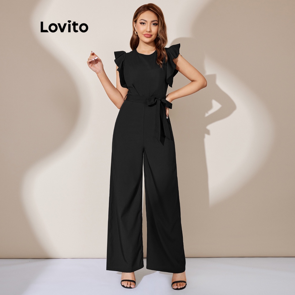 Lovito Elegant Plain Frill Sleeve Wide Leg Belted Jumpsuits L25LD169