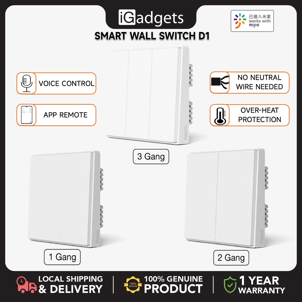 Xiaomi Aqara Smart Wall Switch D1 No Neutral Wire Needed 1 Gang/2