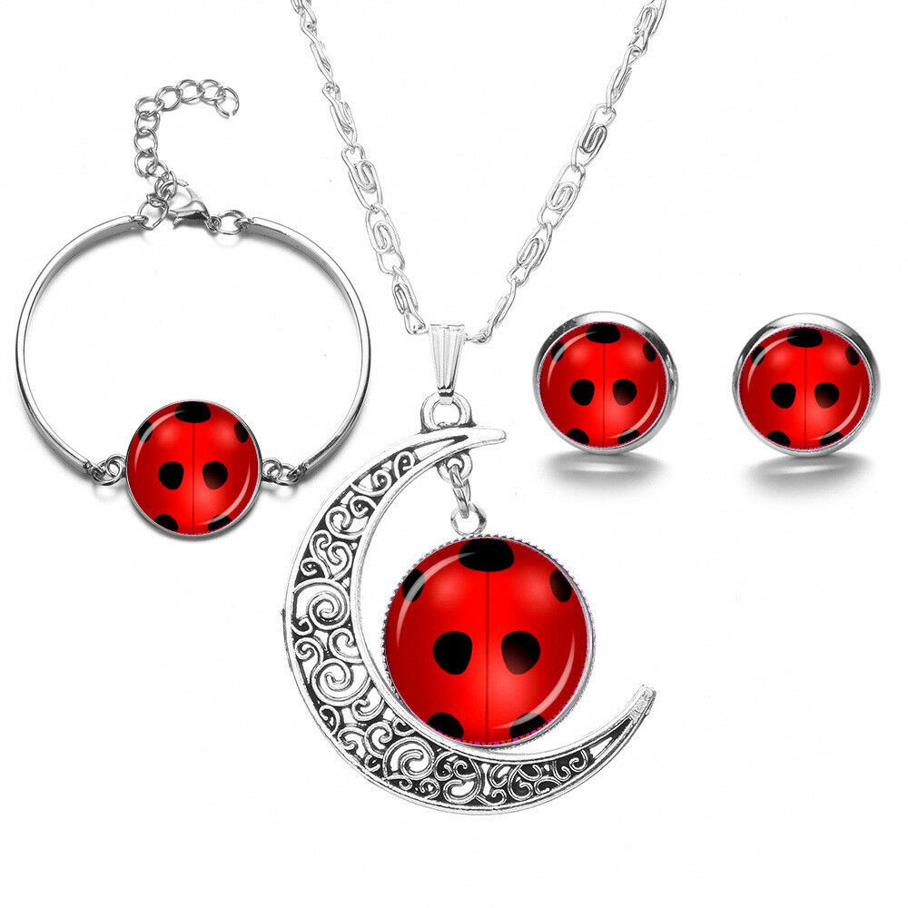 3PCS/Set Movie Jewelry Miraculous Ladybug Necklace Pendant Earrings