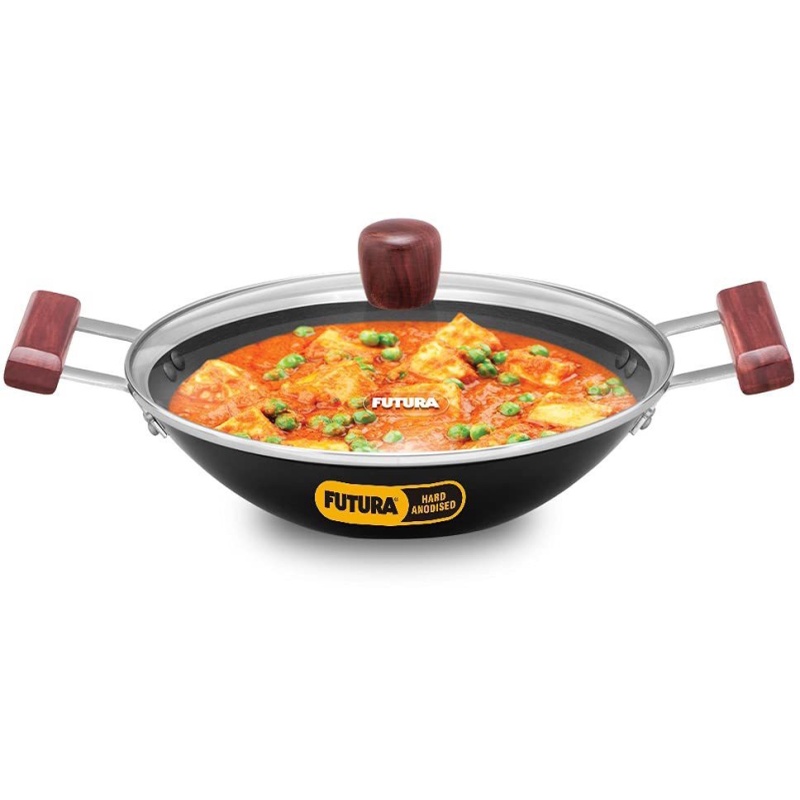 FUTURA Hawkins 2 Litre Deep Fry Pan with Glass Lid, Hard Anodised Kadai