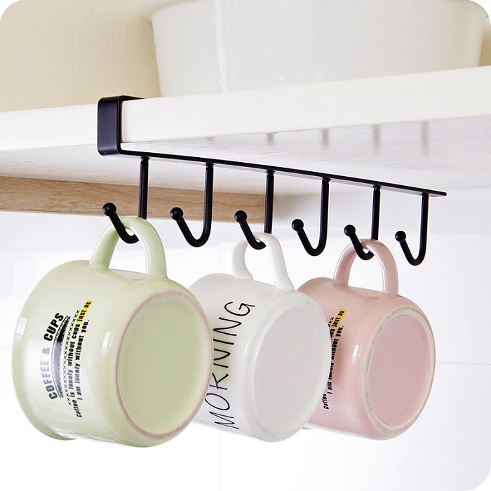 Stainless Steel 6 Hooks Under Shelf Cup Holder Multi Functional Kitchen