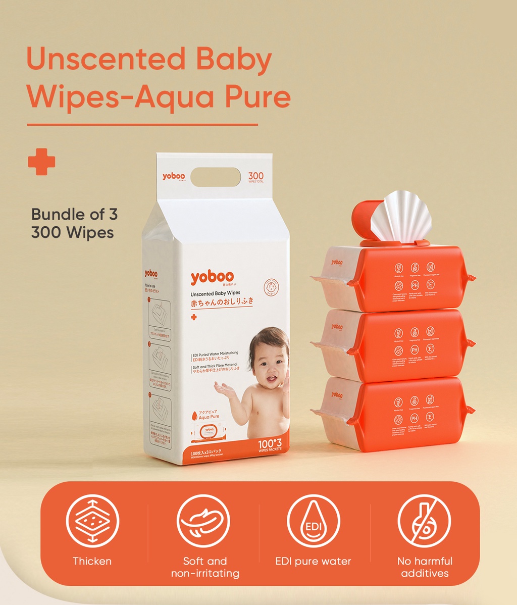 Yoboo Unscented Baby Wipes AQUA PURE (300 SHEETS DOUBLE SEALED) Bundle