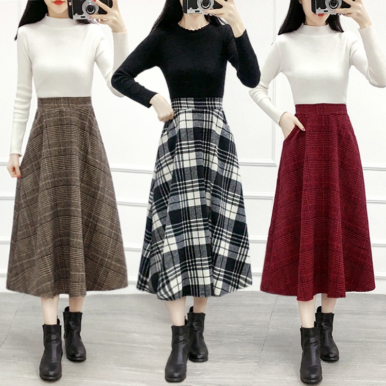 Winter skirt female midlength new plaid woolen skirt autumn and winter