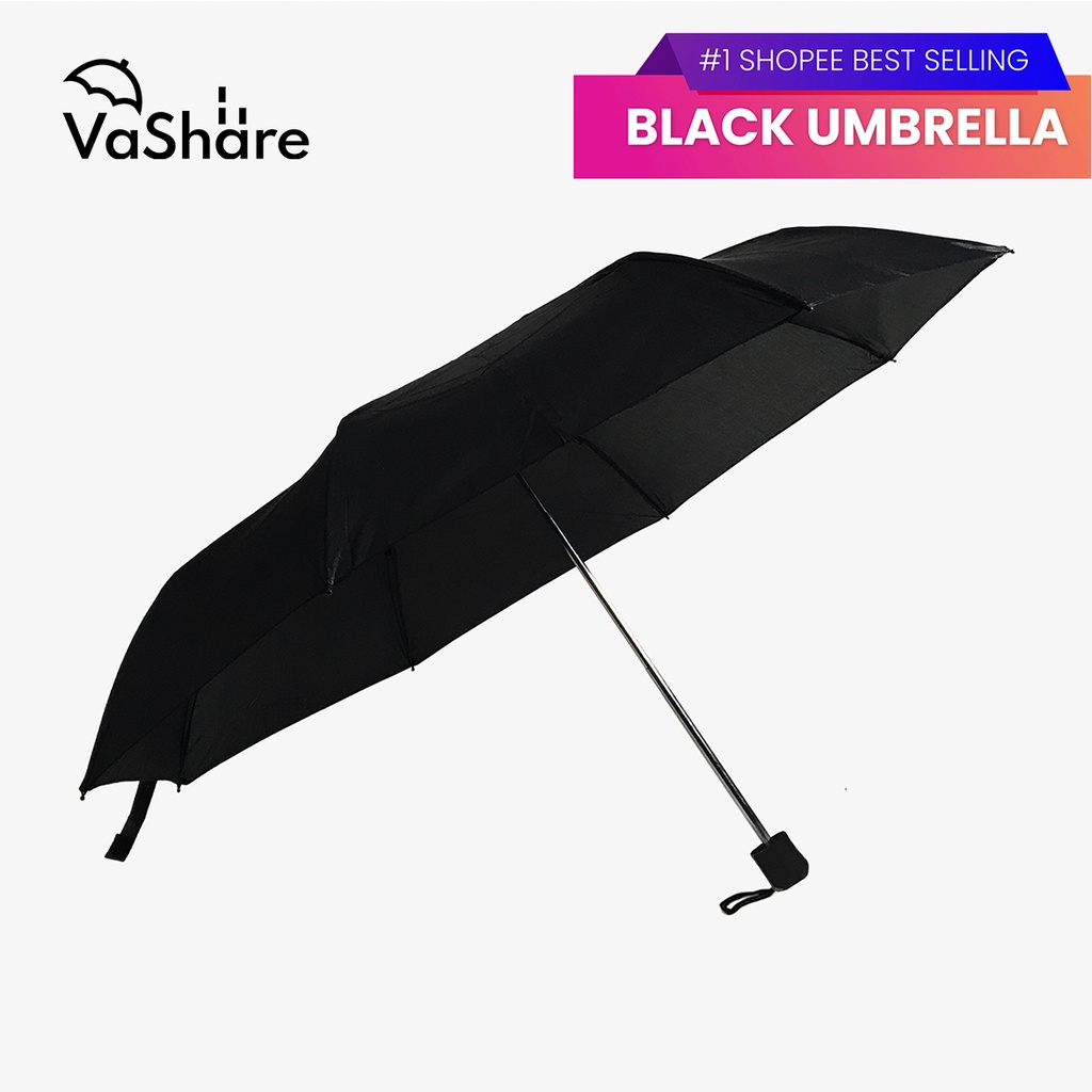 VASHARE 3Fold Black Round/JHandle Umbrella Manual Affordable Plain