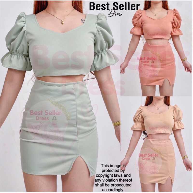 BEST SELLER LILY PUFF SLEEVES CROP TOP & MINI SLIT SKIRT SEXY VINTAGE