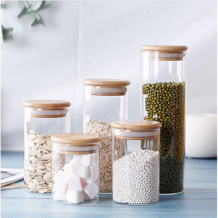 Glass Food Storage Containers ,Airtight Food Jars with Bamboo Wooden