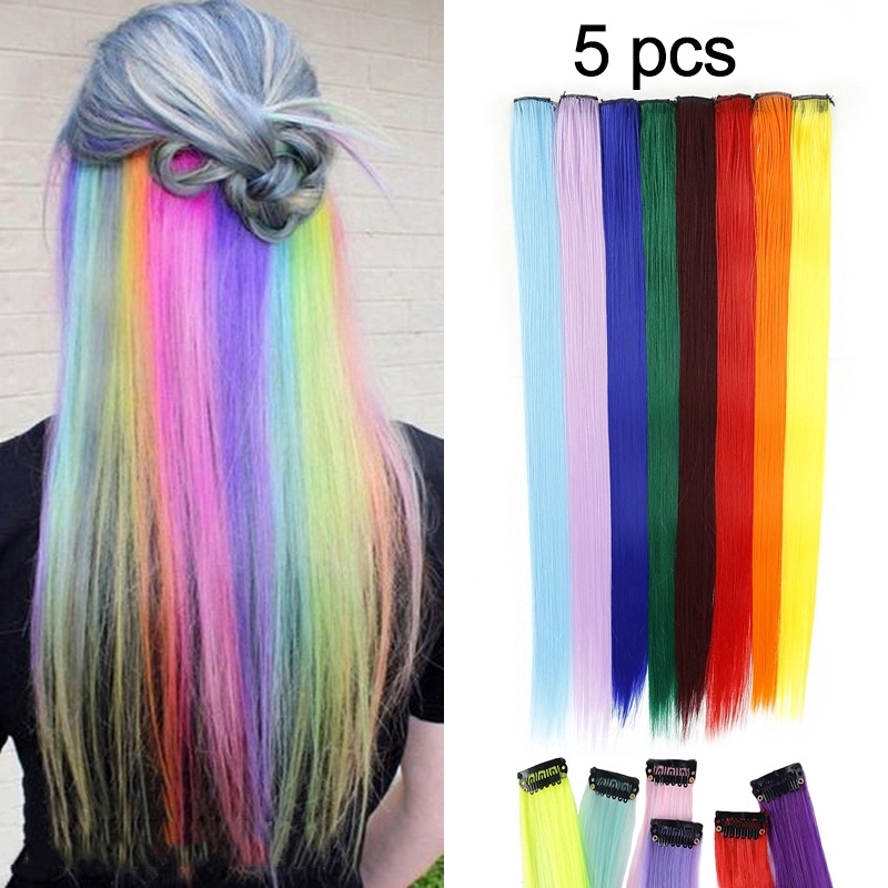 5 Packs 20" Straight Hair Extensions Clip in Highlight Rainbow Hair