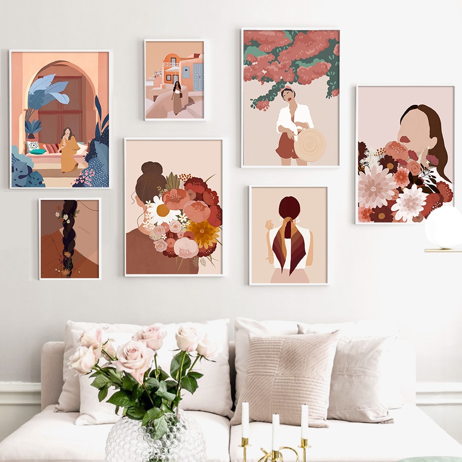 Fashion Vintage Girl Abstract Figure Wall Art Canvas Painting Nordic