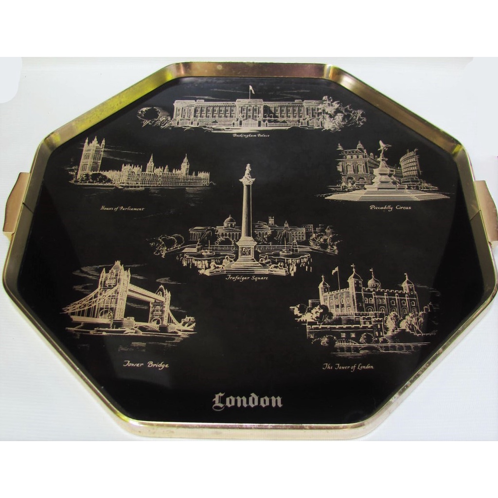 Vintage Big Octagon Woodmet Tray London Landmarks Made in England