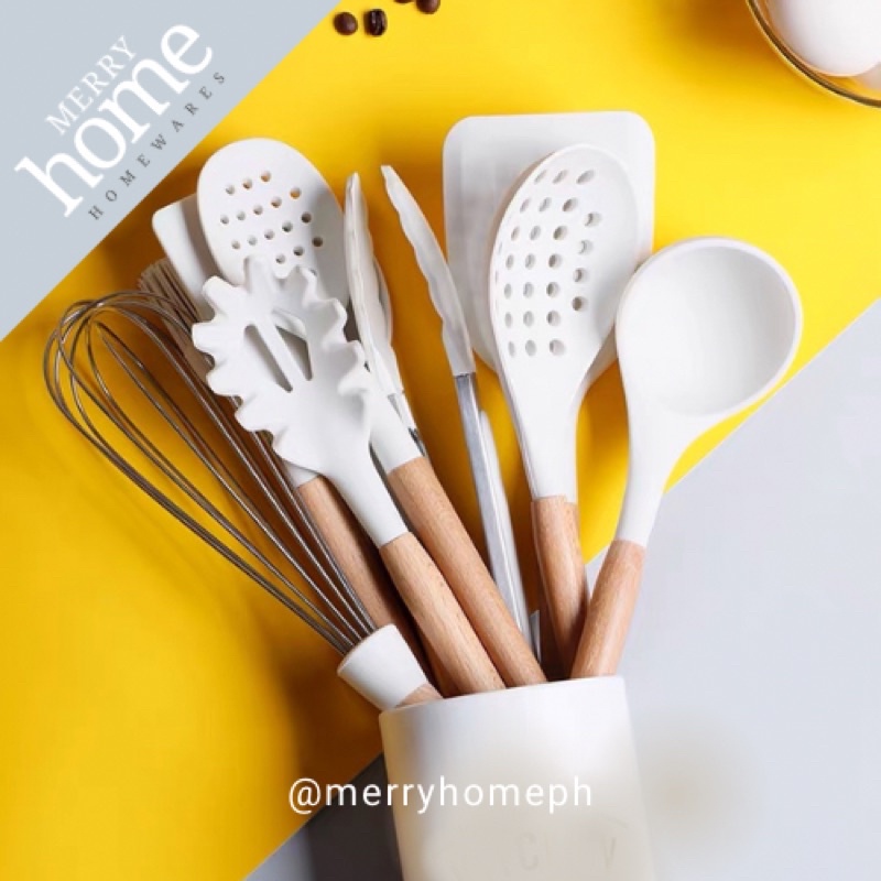 11Pieces Nonstick White Silicone Kitchen Utensils Set with Wooden Handle for Cooking and Baking