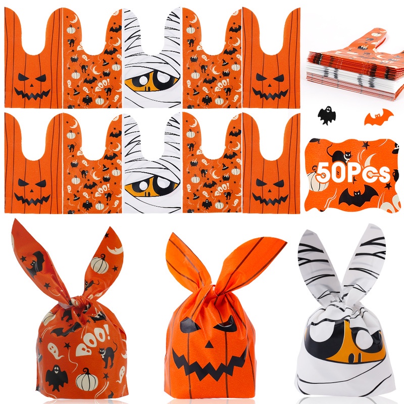 50pcs Cute Bunny Ear Halloween Candy Bags Halloween Treat Bags