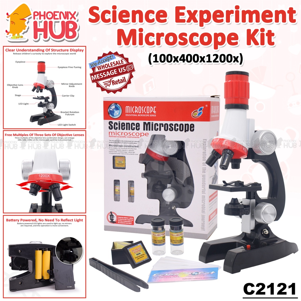 Phoenix Hub C2121 Microscope Kit Science Experiment Supplies LED 100x 400x and 1200x