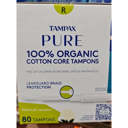 Tampax Pure 100 Organic Cotton Core Tampons Regular, 80 tampons