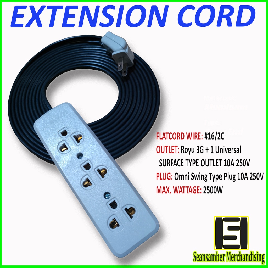 Extension Cord with Royu 3+1 Gang Universal Outlet Length 12Meters to