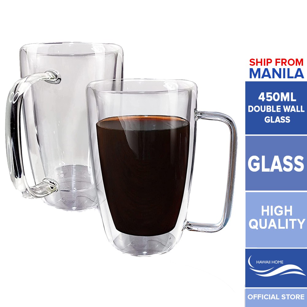 Hawaii Home 450ml Double Wall Glass with Handle Drinkware Clear Coffee