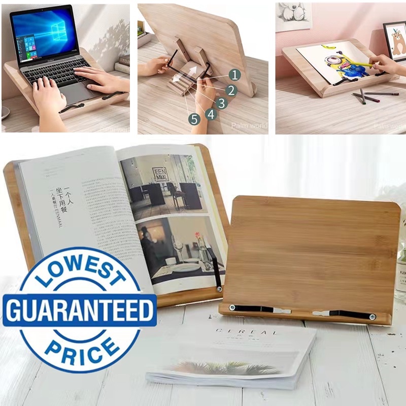 Natural Wooden Bookshelf Foldable Recipe Book Stand Desk Study