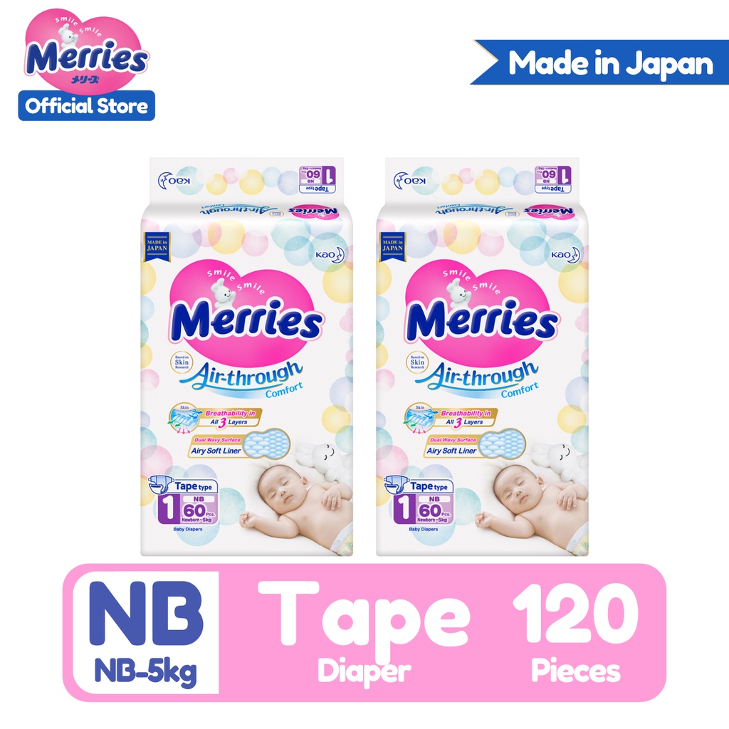 Merries Diaper Taped Newborn NB 120 Pieces (NB60 by 2 Packs) Shopee