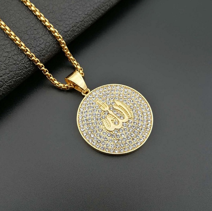 Hip Hop Iced Out Round Allah Pendant Necklace Stainless Steel Islam