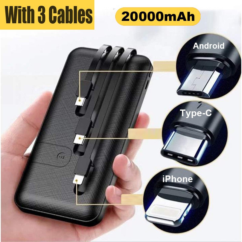 Power Bank Portable Fast Charging Powerbank 20000 mAh Built in 3 Cables