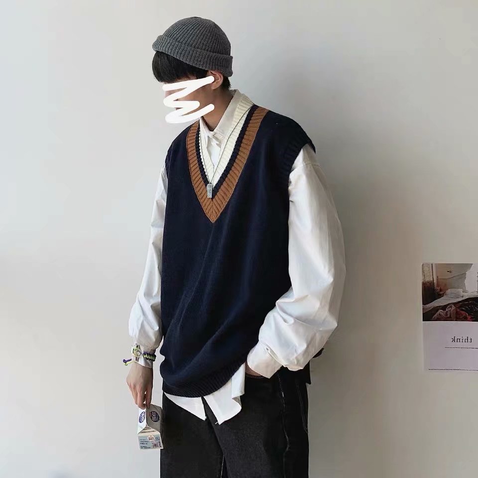 V Collar Sweater Korean College Style Sweater Vest For men Ins V neck