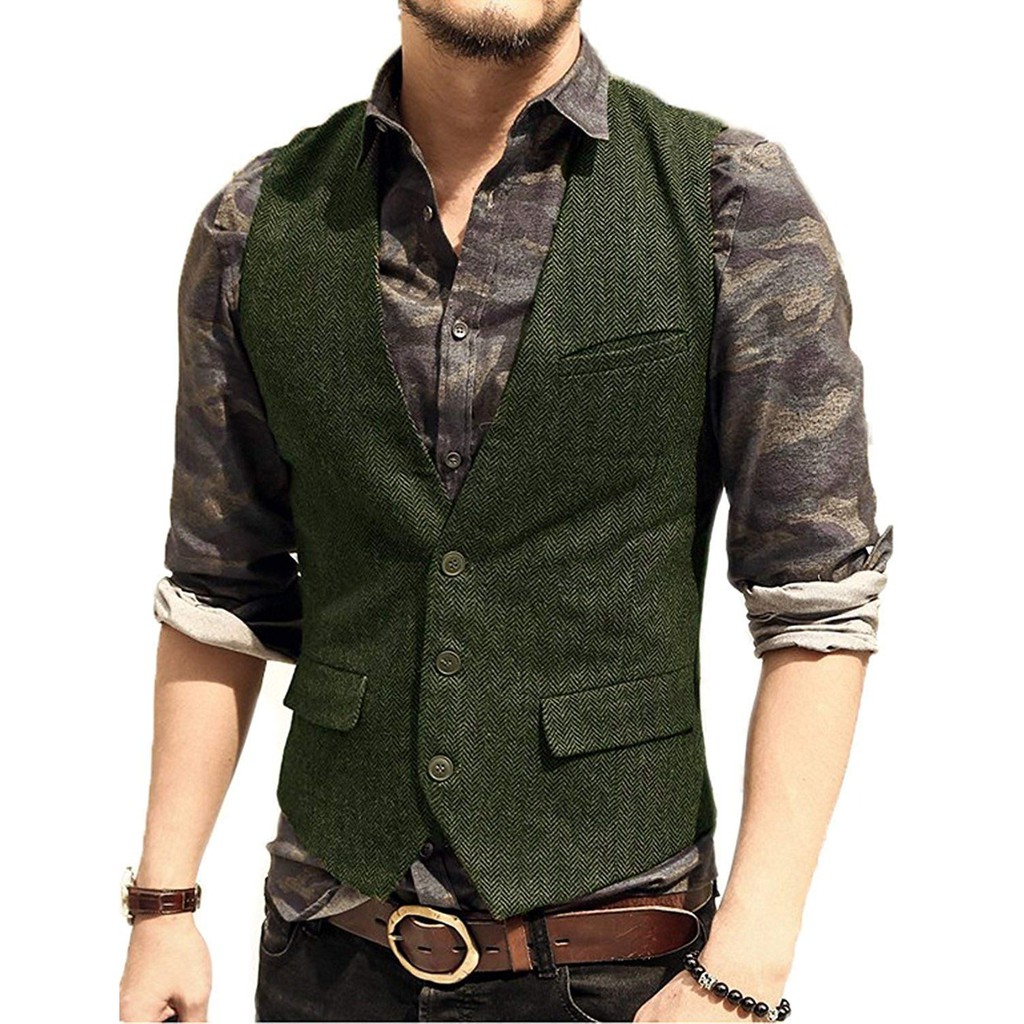 Army Green Mans Suit Vest Waistcoat V Neck Wool Herringbone Tweed