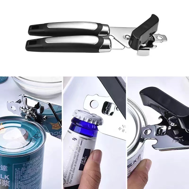 Cans Opener 3 in 1 Stainless Steel Side Cut Manual Can Opener Corkscrew Kitchen Cutter Handle