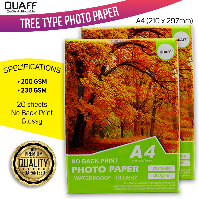QUAFF No Back Print Photo Paper Tree Type Glossy A4 Size 200GSM