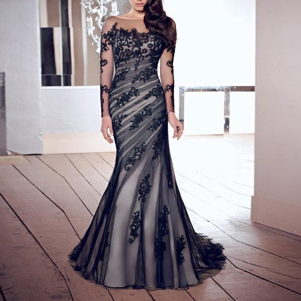 Women Lace Long Sleeve Cocktail Party Prom Ball Gown Dress