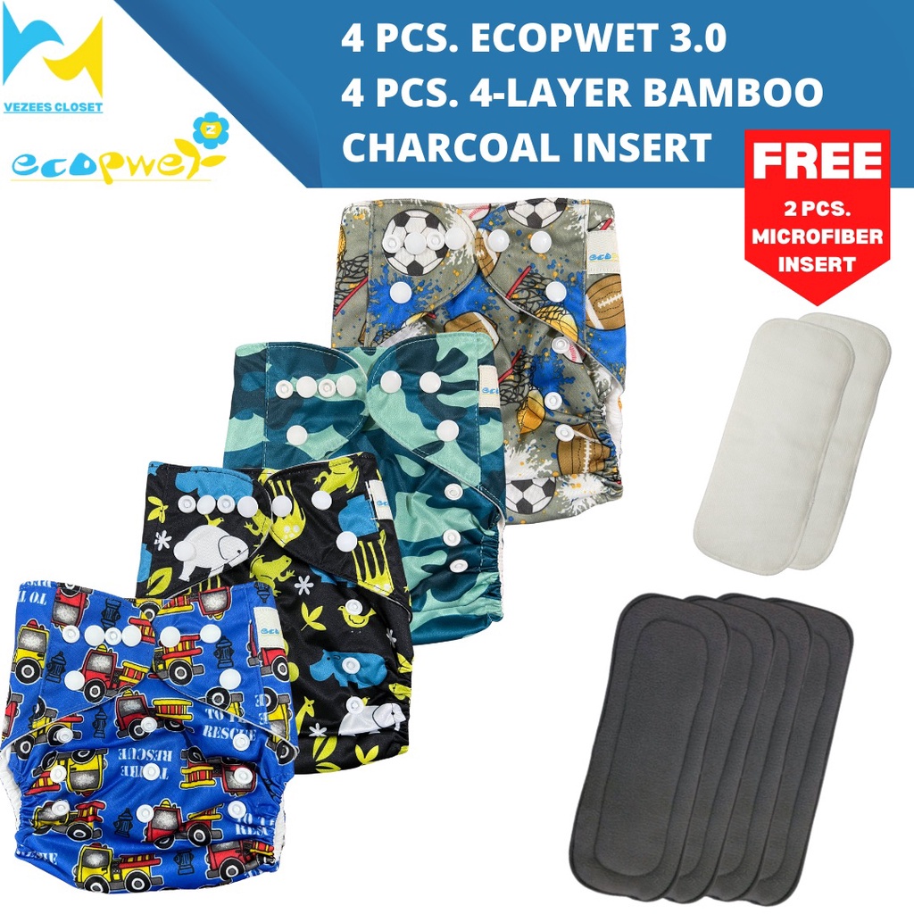 Ecopwet Cloth Diapers 4 Sets With 4Layer Bamboo Charcoal Plus Free 2