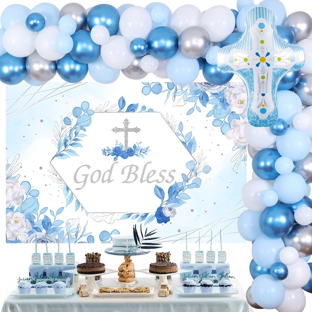 JOYMEMO Baptism Party Decorations for Boys, God Bless Party Decorations Blue and Gold Balloon