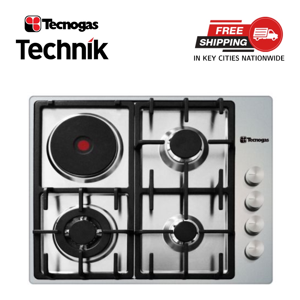 Tecnogas 60cm 3 Gas Burner, 1 Electric Hot Plate Builtin Cooktop