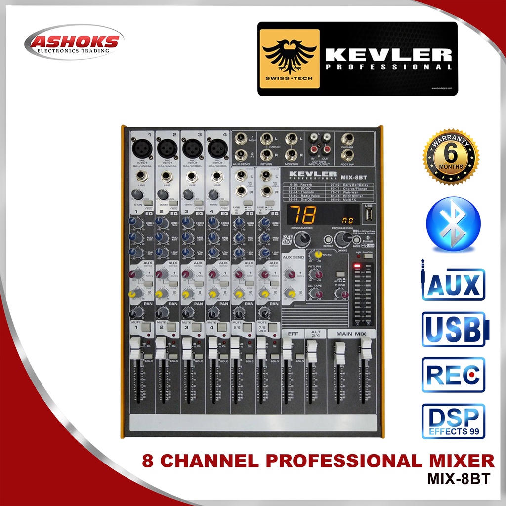 Kevler MIX8BT Mixer / Professional Mixer / 8 Channel Input 4 Mic