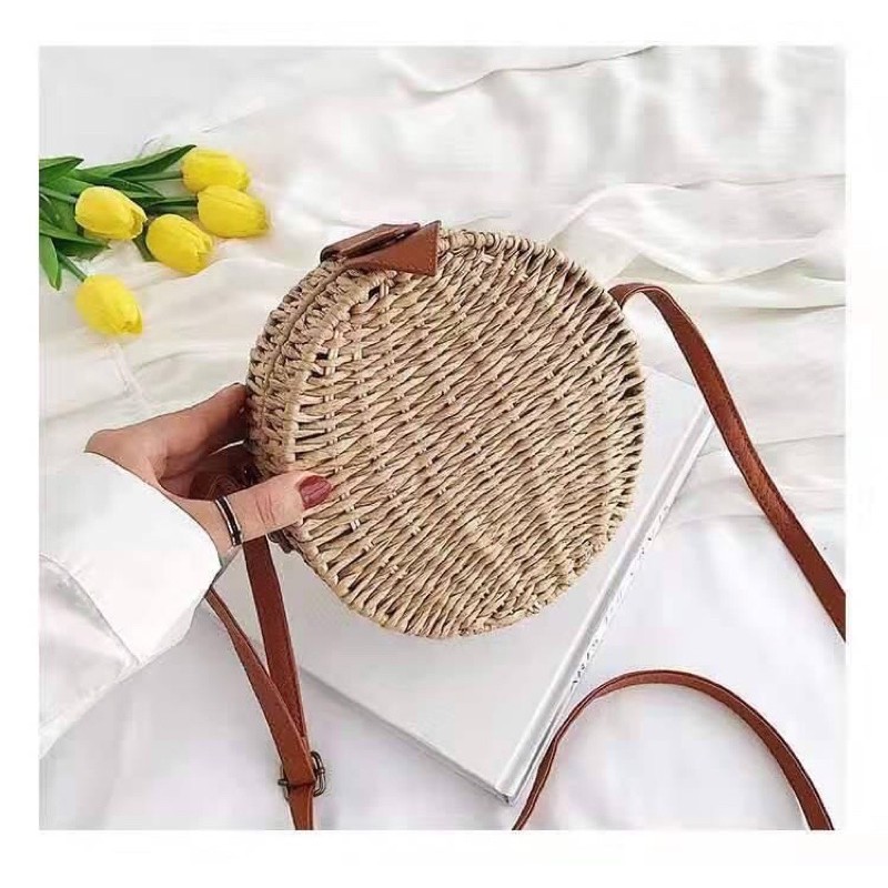 Bali Inspired Beach Soft Rattan Round Sling Native Bag Toffee