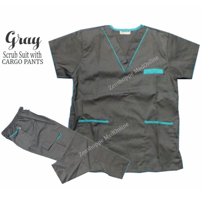 Scrub Suit Set with Piping & Cargo Pants (Gray) [LCC] Shopee Philippines