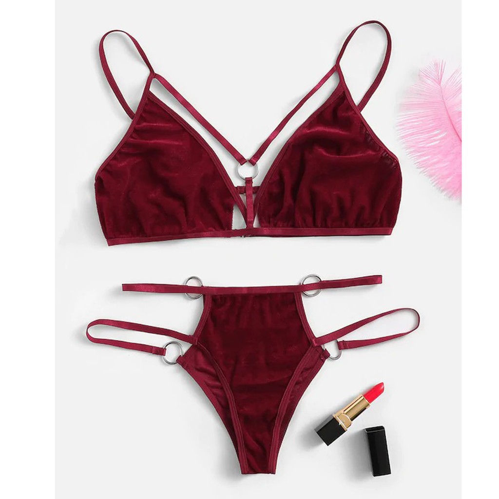 *Bowsky* New Sexy Women Ring Linked Velvet Lingerie Set Hollowing V