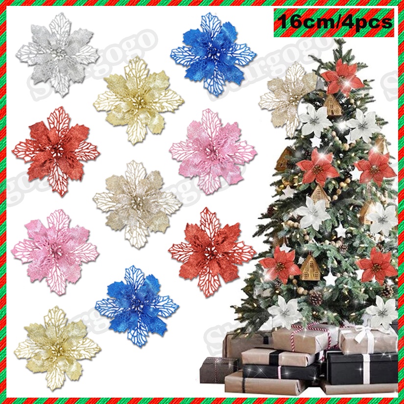 Christmas Flowers 16cm Ornament Tree Decoration 4pcs Glitter Poinsettia