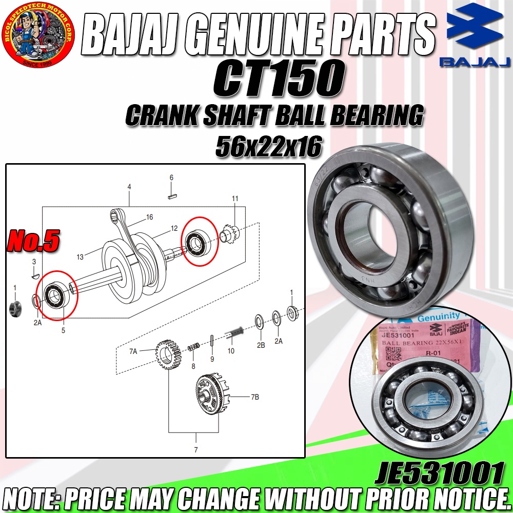 CT150 CRANKSHAFT BALL BEARING 56x22x16 (KMC GENUINE JE531001) Shopee