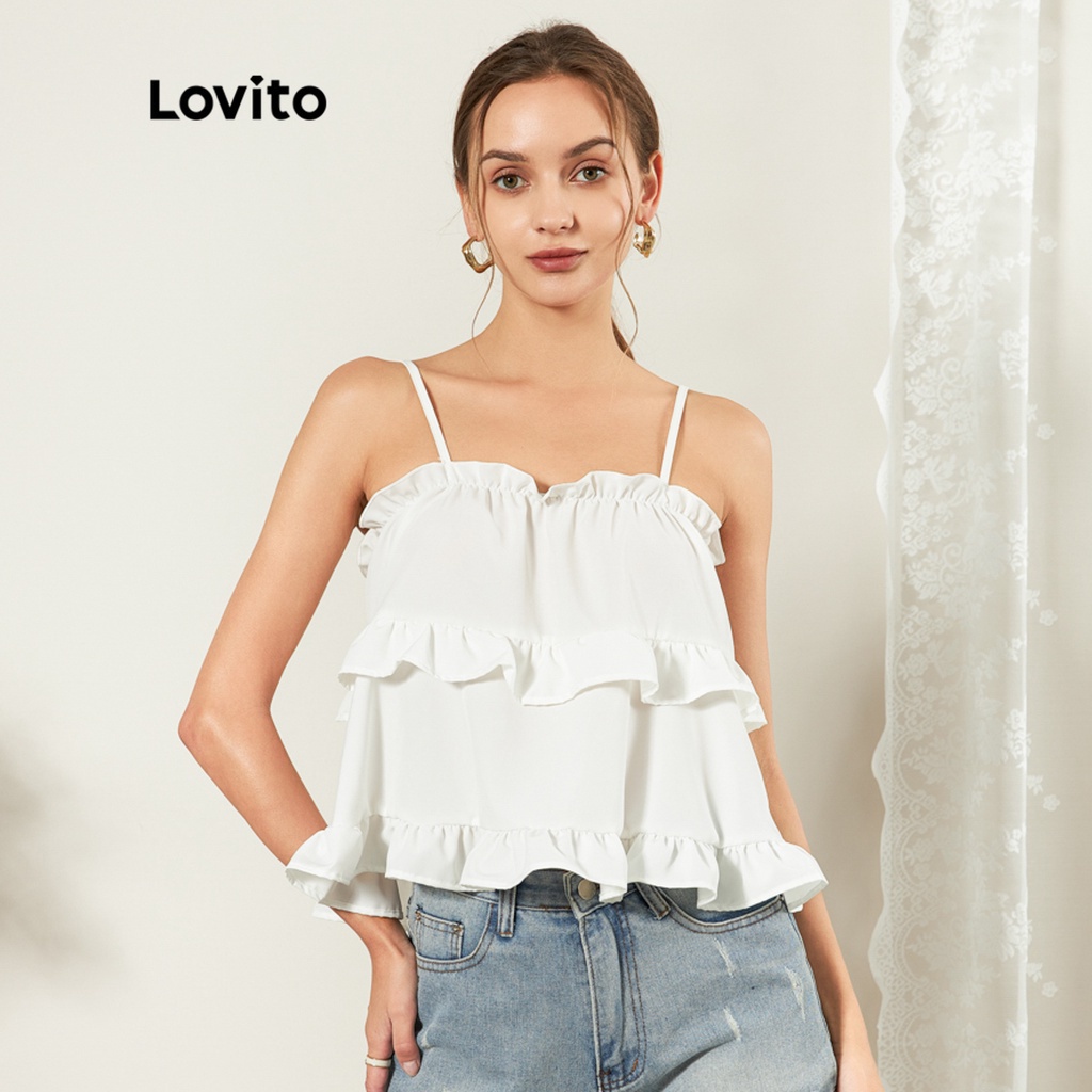Lovito Cute Plain Flared Ruffle Hem Tank Tops L25ED101 (White) Shopee Philippines