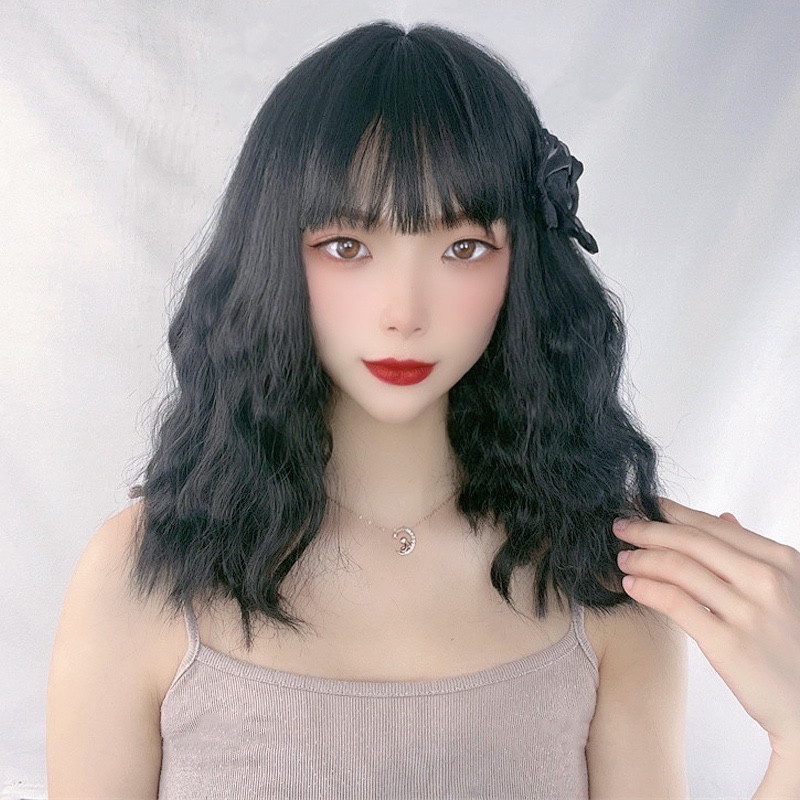 Wig Female Blue Gray Short Curly Hair Tik Tok Influencer Air Bangs Playful Cute Egg Roll Head