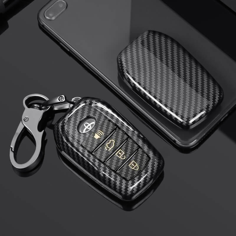 For Toyota Fortuner Camry 4 Button Carbon Fiber Key Case Cover Keychain