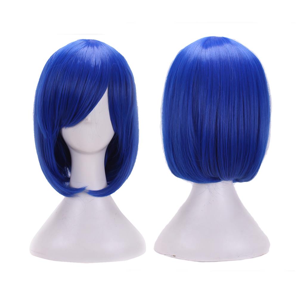 Women Girls Blue Synthetic Wig Cosplay Hair Resistant Straight Short