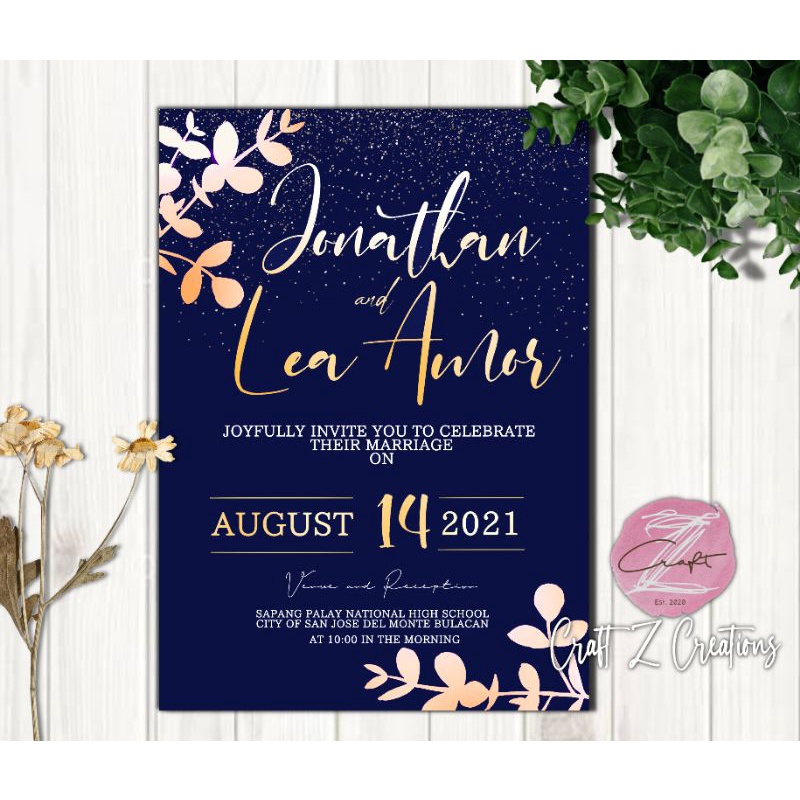 Midnight blue & rose gold , floral modern theme Invitation for wedding