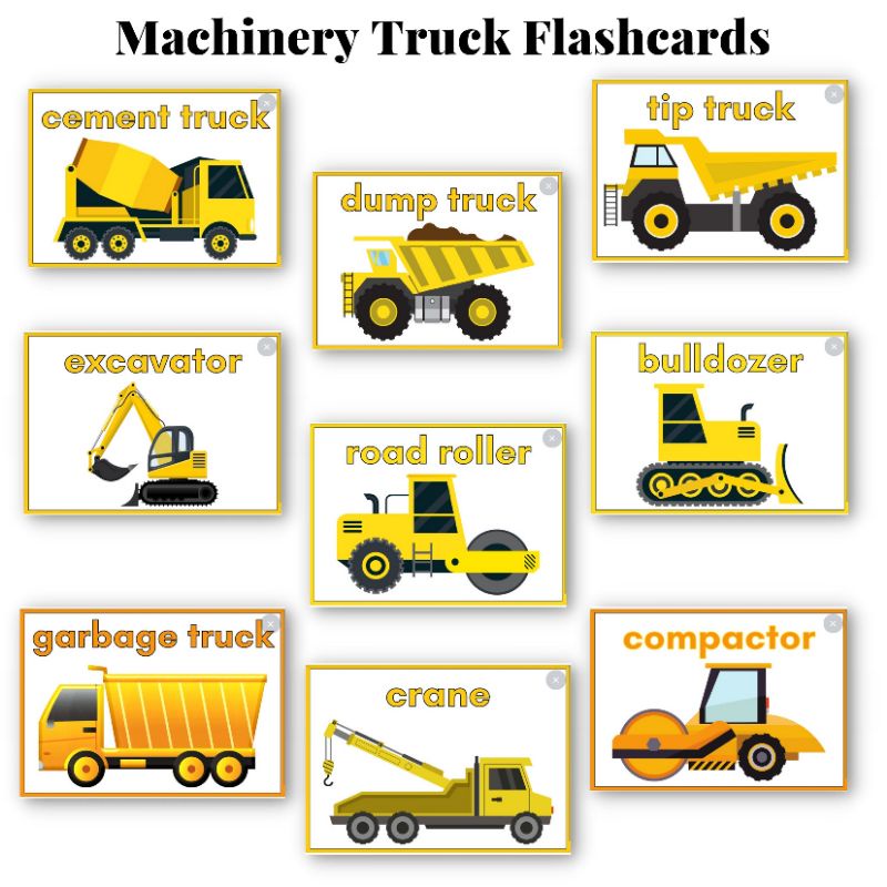 Machinery Truck Flashcards, Educational Laminated Flashcards for kids