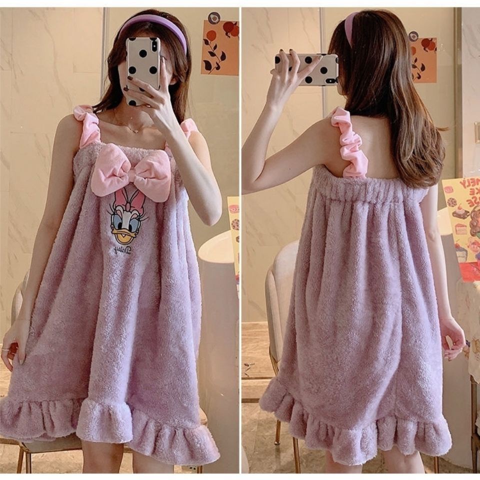 Influencer Coral Fleece Bathrobe, Female k Cute Daisy Bath Skirt