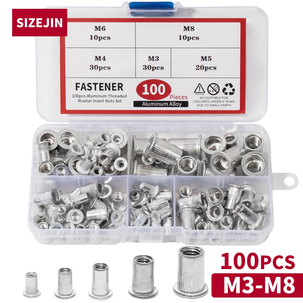 100 Pieces Aluminum Rivet Nuts M3 M4 M5 M6 M8 Flat head Rivnuts